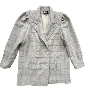 Vintage New York Girl Womens Sz 14 Ivory Pink Gray Plaid Wool Puff Shoulder Coat